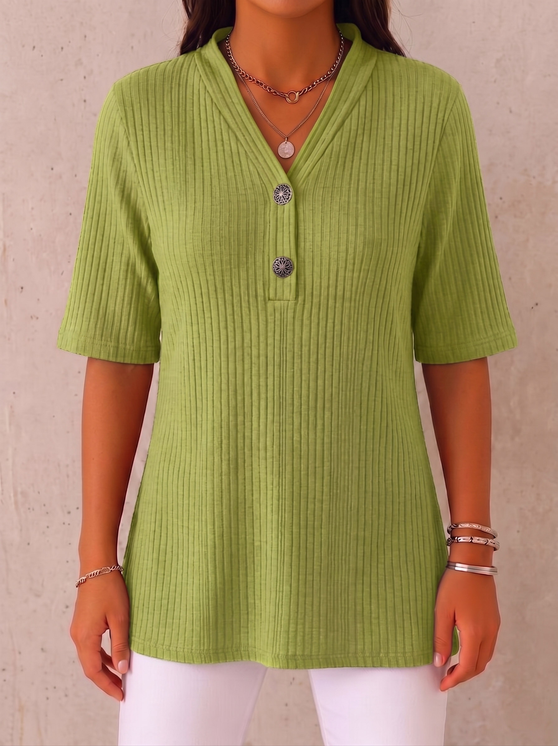 CLEARANCE SALE🔥 Ribbed Button-Neck Tee