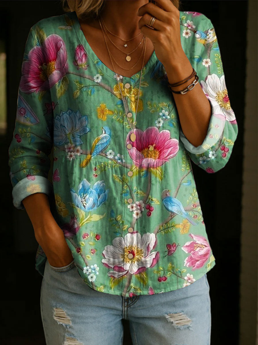 Women's Retro Flower Art Print Linen Cotton Shirt-ZierMode