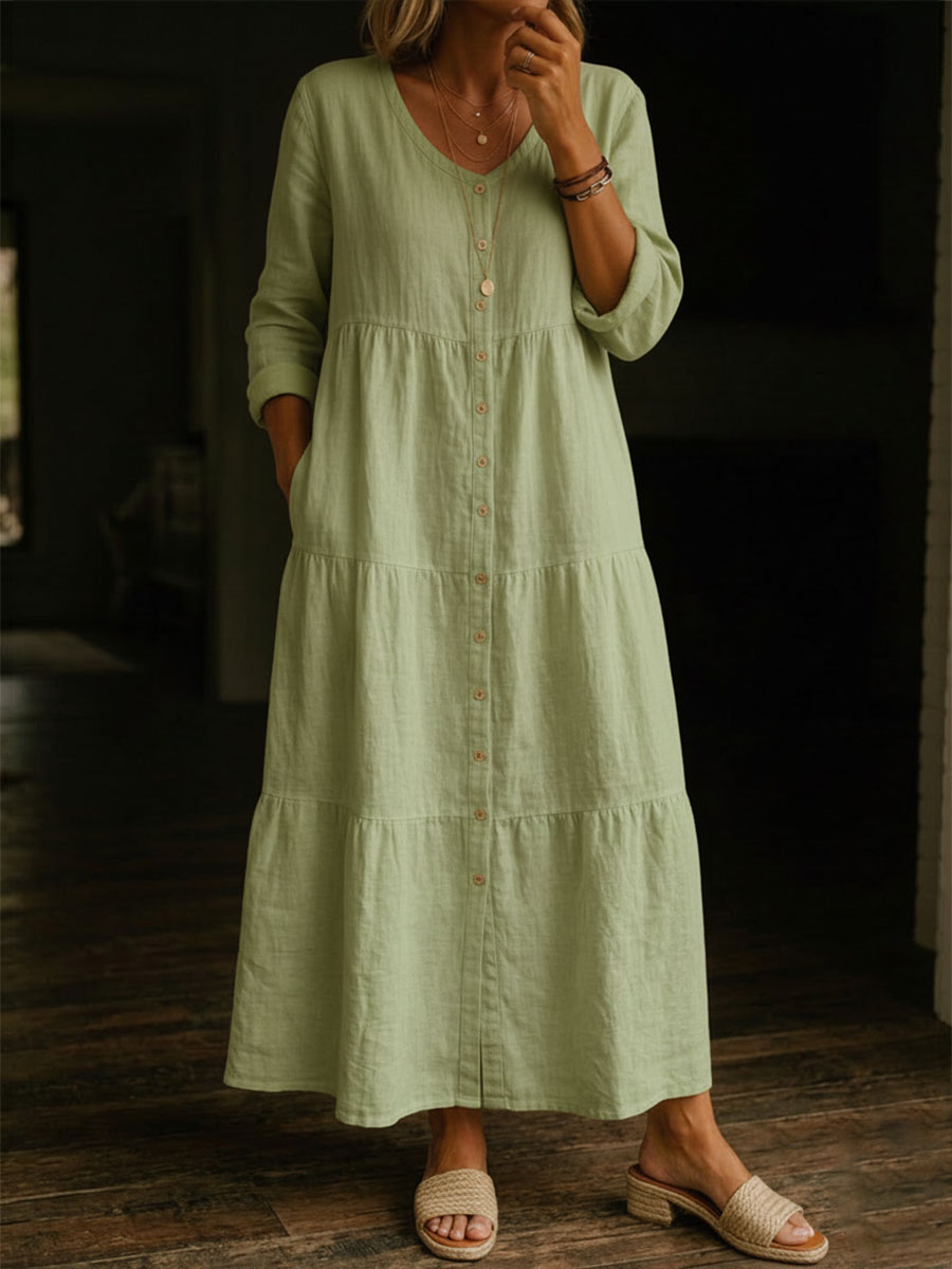 Women's Solid Color Casual V-neck Cotton Linen Long Dress