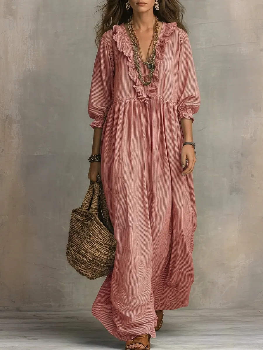 Women's Striped Art Print Casual Stylish Ruffled Vacation Maxi Dress-ZierMode