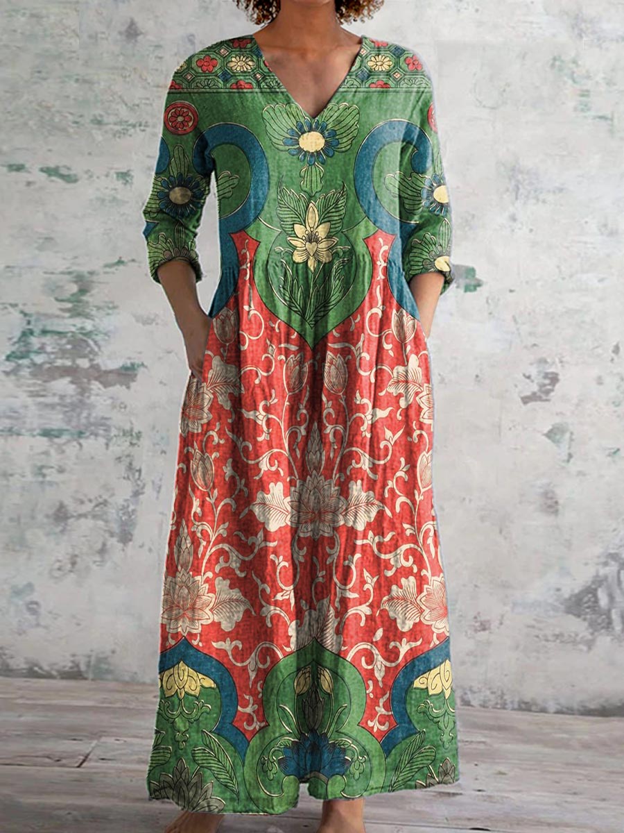 Vintage-Tunikakleid für Damen mit hübschem Blumenmuster und Taschen aus Baumwoll-Leinen-Mischgewebe