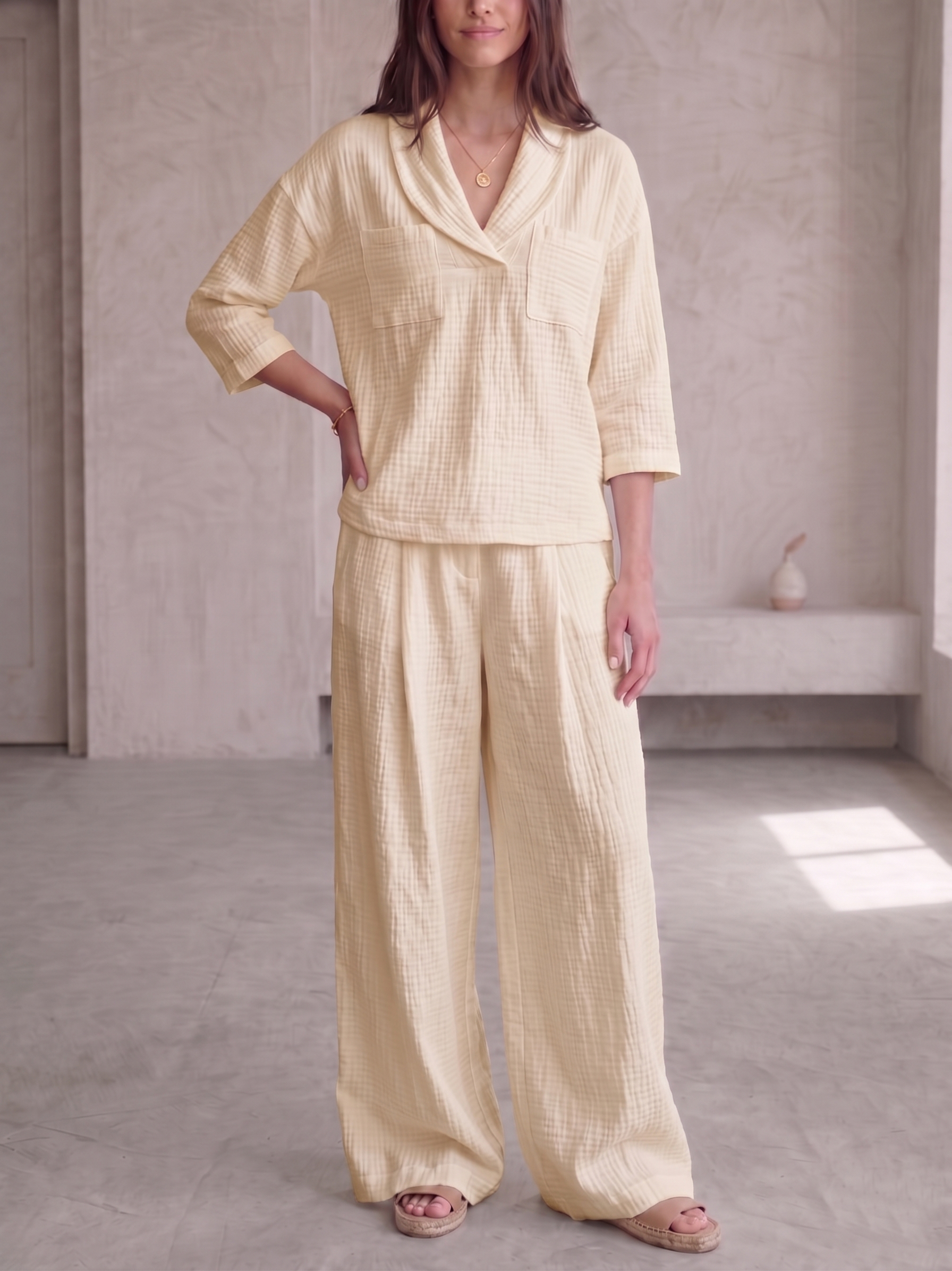 Clearance Sale🔥 Women's Peter Pan Collar V-Neck 3/4-Sleeve Cotton-Linen Two-Piece Set
