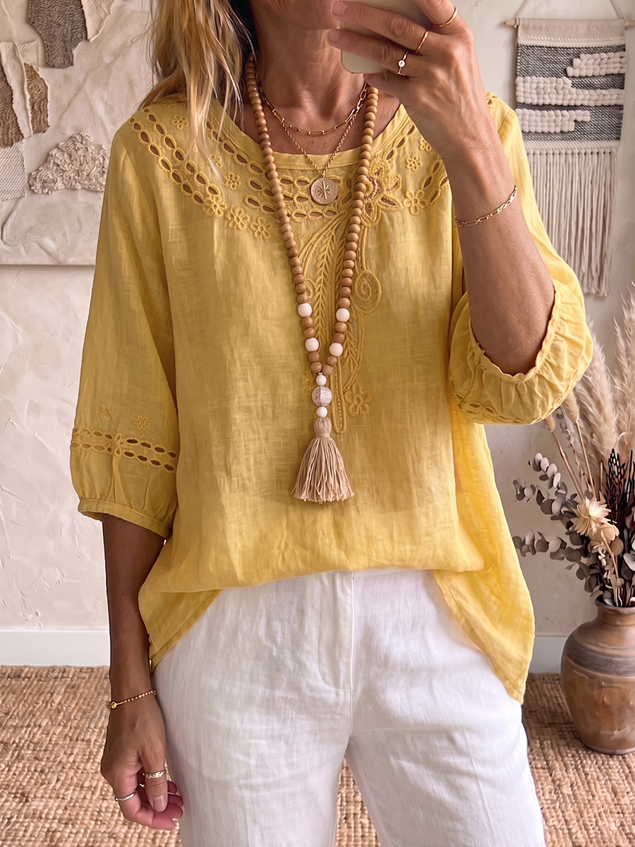 Vintage Embroidered Cotton-linen Blouse