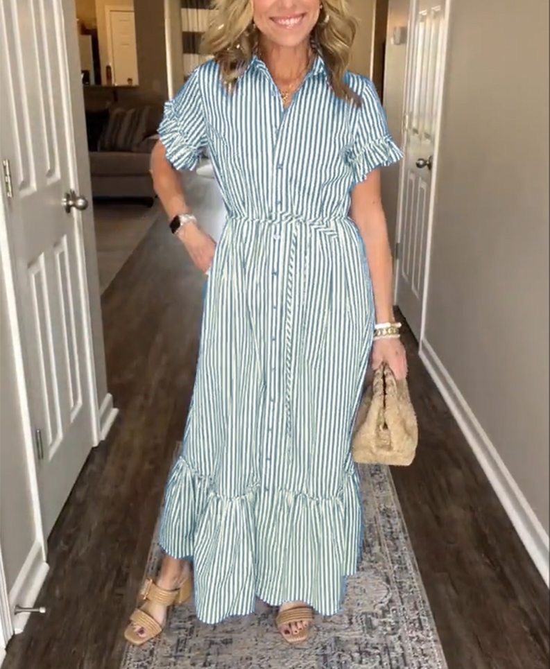 NEW🔥Striped Cotton Lapel Button Shirt Dress