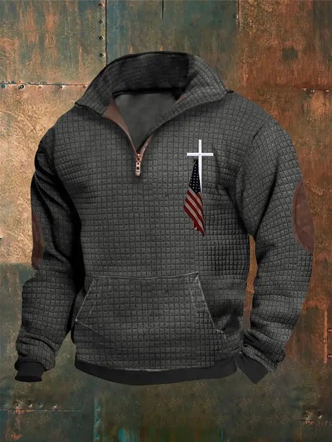 Lässiges Herren-Sweatshirt mit Reißverschluss und Waffel-Glauben-Print-deurabatt