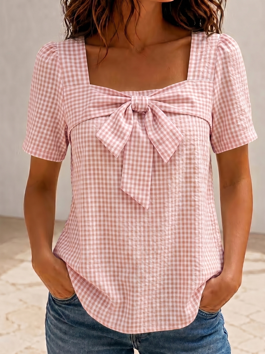 NEW ARRIVALS🔥  Women's Square Neck Gingham Bow Shirt - Puff Sleeve Casual Blouse