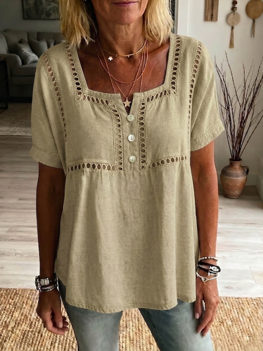 New Arrivals🔥 Women's Solid-color Square-neck Short-sleeve Casual Loose Cotton-linen Top