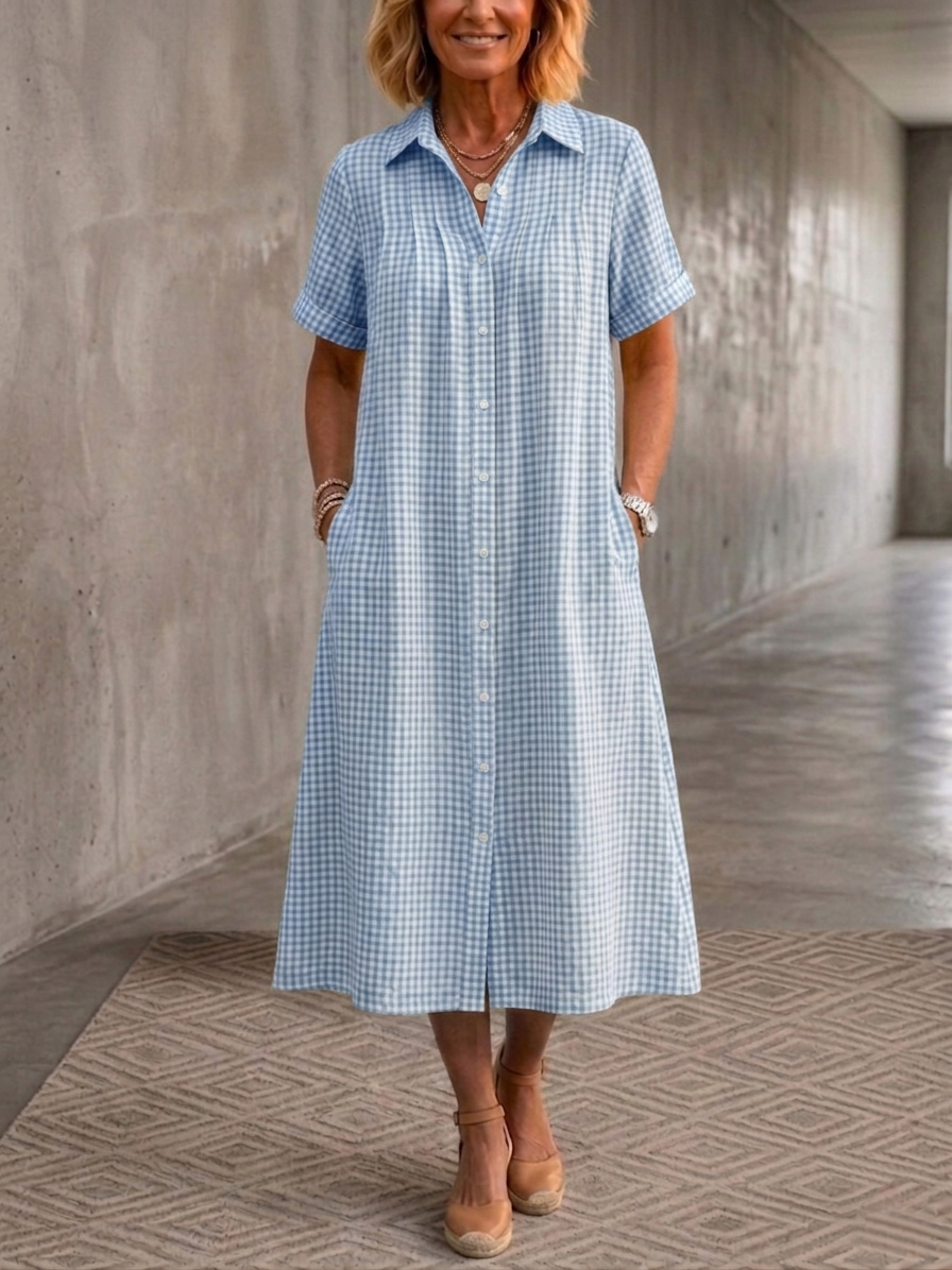 Clearacne Sale🔥 Women's Lapel Checkered Cotton Linen Shirt Dress