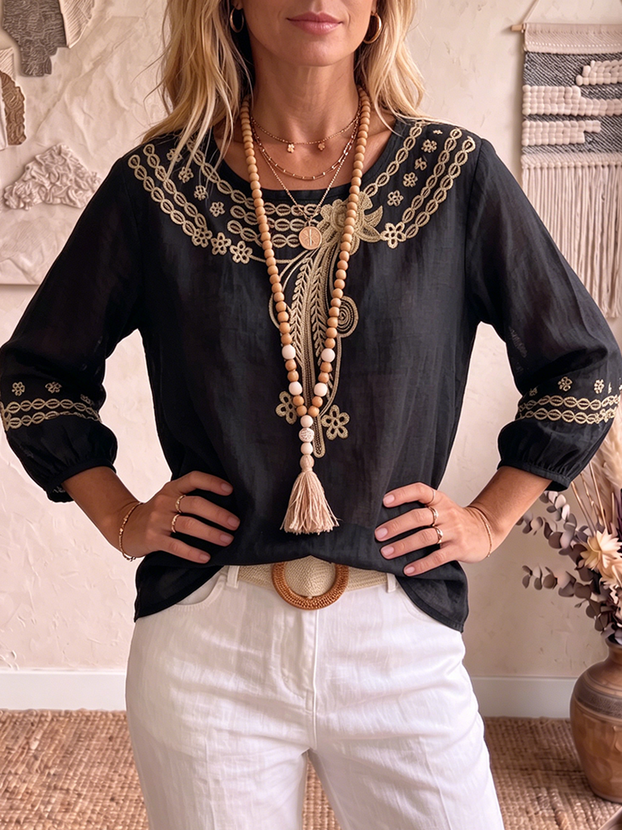 Vintage Embroidered Cotton-linen Blouse