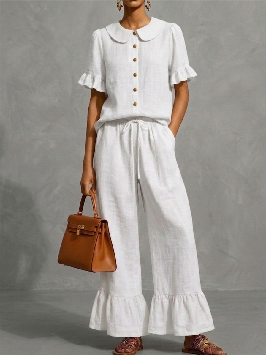 Stylish Ruffled Shirt And Wide-leg Pant Linen Two-piece Set