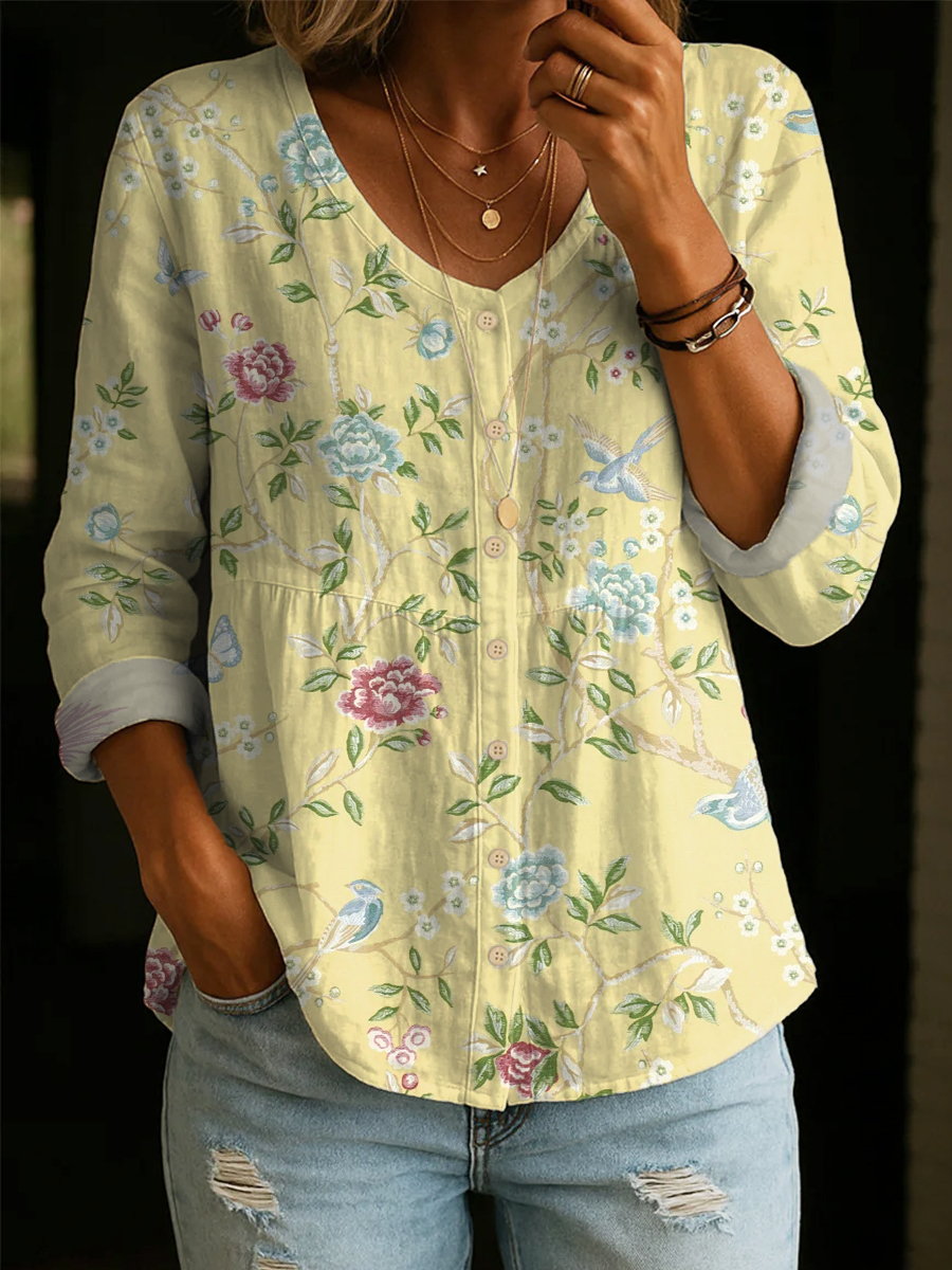 Pastoral-style Floral & Bird Print Shirt — Loose-fit, Breathable V-neck Top With 3/4 Sleeves (versatile Style)-ZierMode