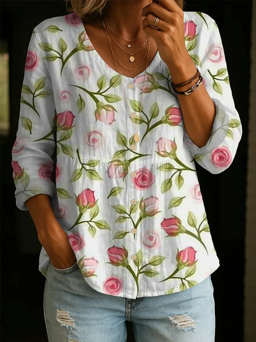 💝💝Women's Breathable Floral Cotton Shirt for Women - Casual Short Sleeve Summer Art Print Top