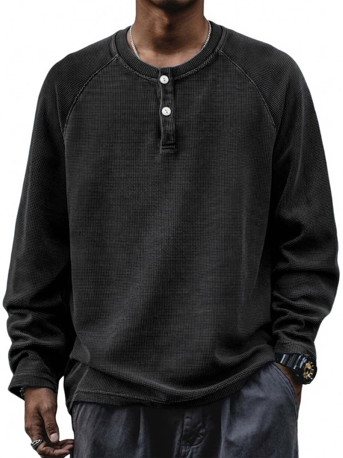 Herren Retro Waffel Raglan Lockere Pullover Langarm Henley Shirt-deurabatt