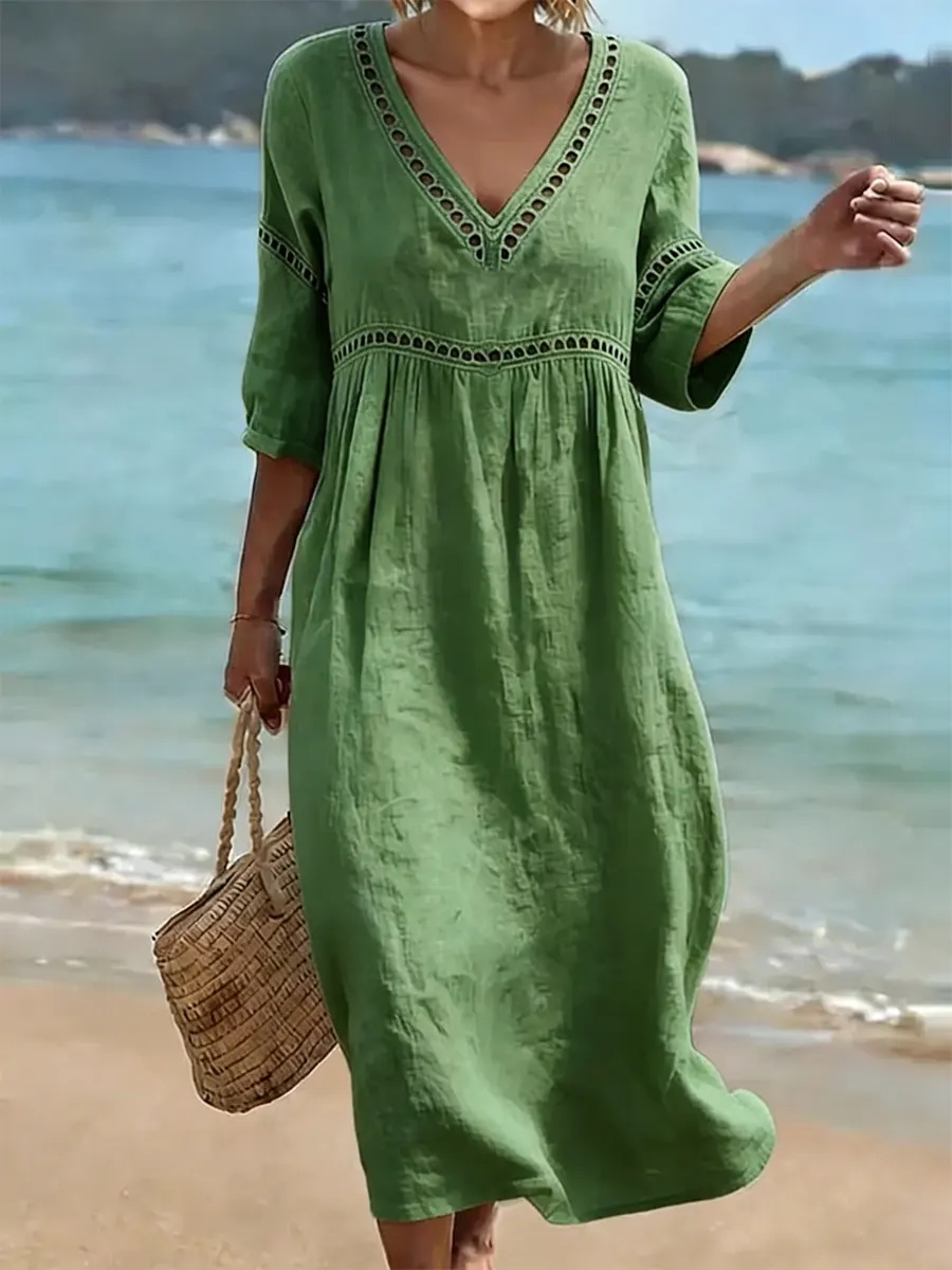 Damen-Baumwollkleid, einfarbig, Retro-Stil, lässig, elegant, für den Urlaub