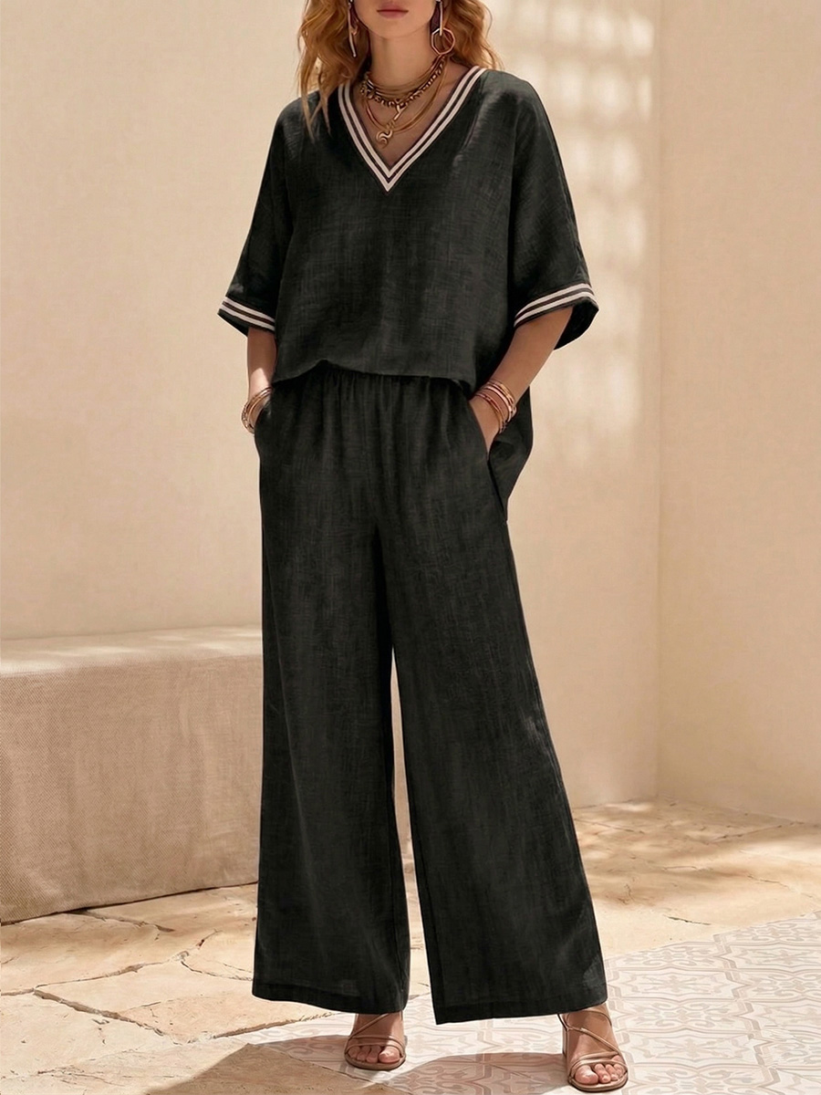 Cozy Loose Fit V Neck Striped Cotton Linen Two Piece Set