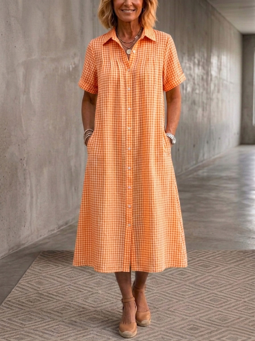 Clearacne Sale🔥 Women's Lapel Checkered Cotton Linen Shirt Dress
