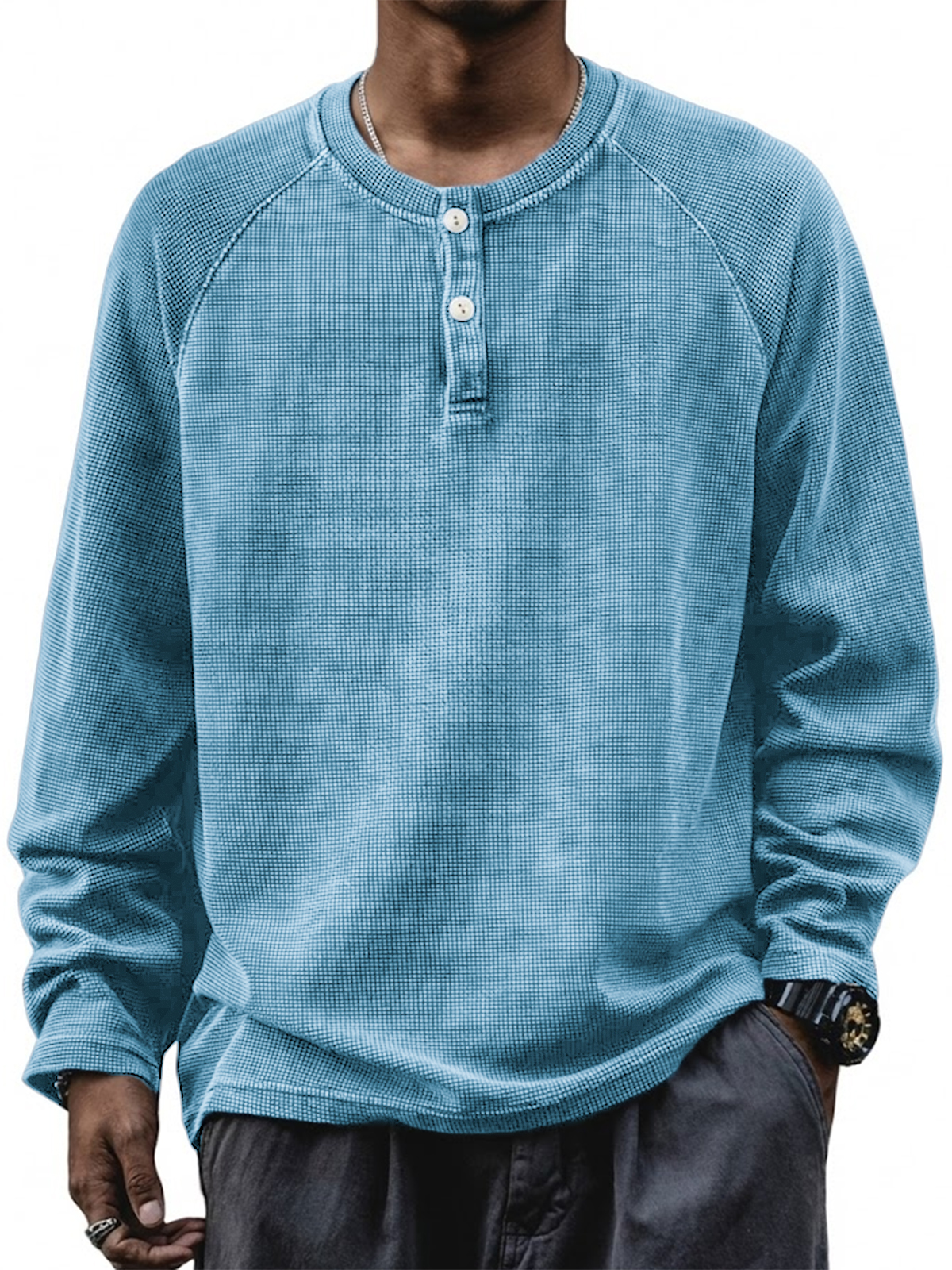 Herren Retro Waffel Raglan Lockere Pullover Langarm Henley Shirt-deurabatt
