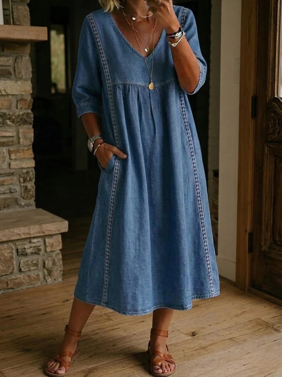 New Arrivals🔥 Women’s Vintage Lace Trim Denim Dress-ZierMode