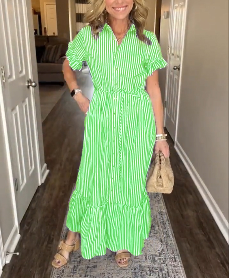 NEW🔥Striped Cotton Lapel Button Shirt Dress