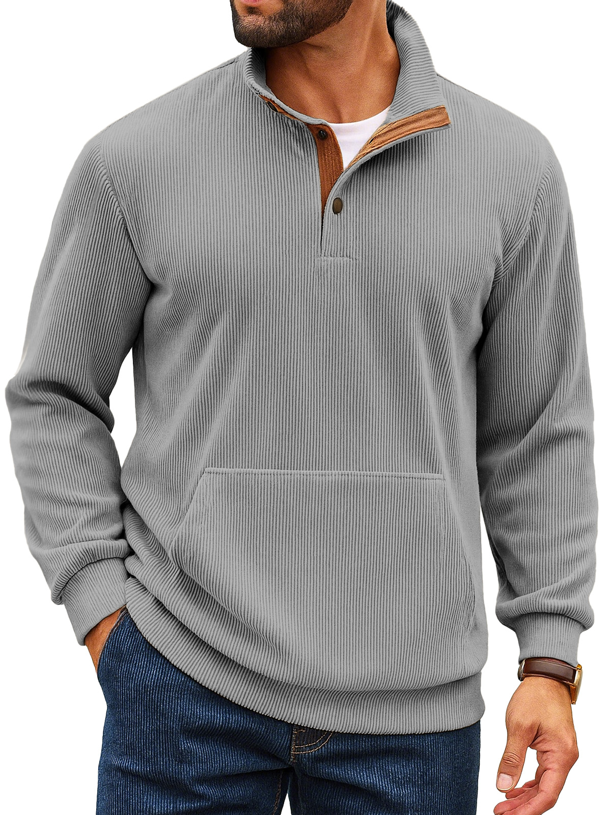 Herren Retro Einfarbiger Vertikaler Pit Streifen Stehkragen Knopf Langarm Sweatshirt-deurabatt