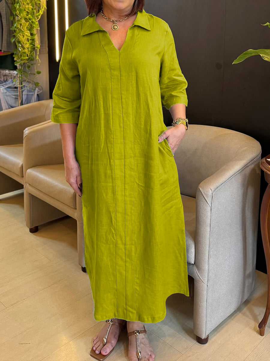 Damenkleid aus Baumwolle und Leinen mit V-Ausschnitt und langen Ärmeln