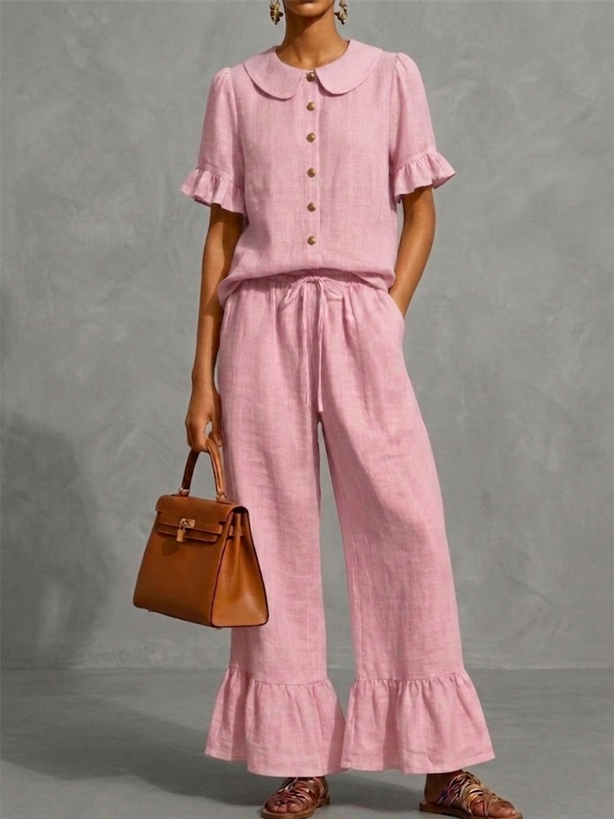 Stylish Ruffled Shirt And Wide-leg Pant Linen Two-piece Set