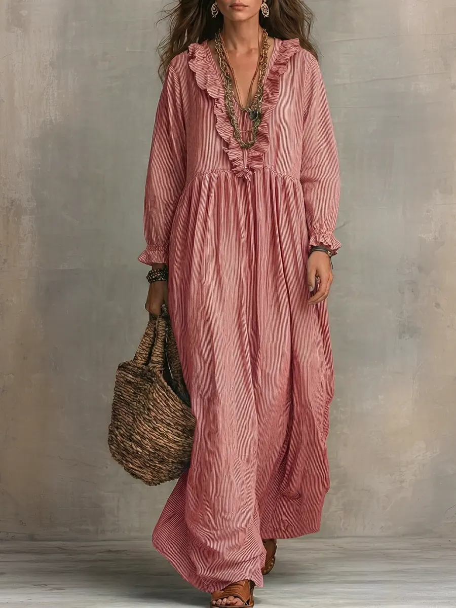 Women's Striped Art Print Casual Stylish Ruffled Vacation Maxi Dress