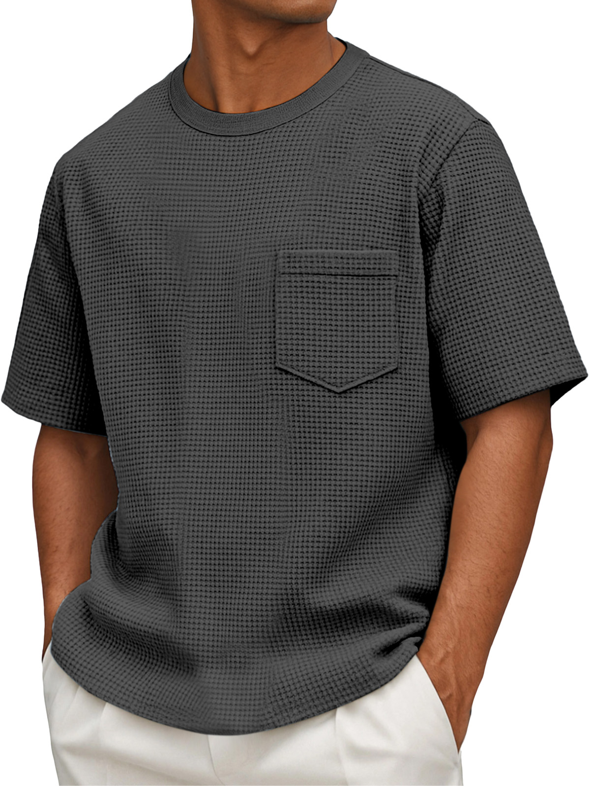 Herren Freizeit Einfach Waffel Kurzarm Rundhals T-Shirt-deurabatt