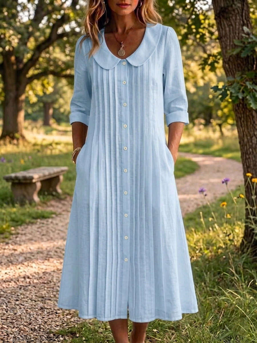 Neue Ankünfte🔥 Damen Kleid aus Baumwolle und Leinen mit Peter-Pan-Kragen, lässig, locker und plissiert-ZierMode