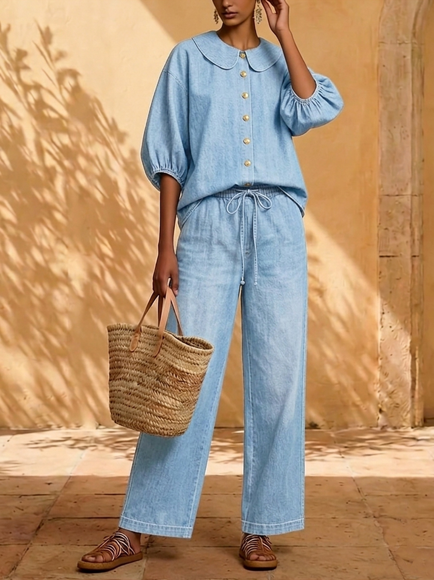 New Arrivals🔥 Stylish Peter Pan Collar Shirt and Wide-leg Pant Denim Two-piece Set