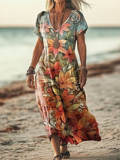 Women's Short Sleeve Spring Floral Print V Neck Casual Dress