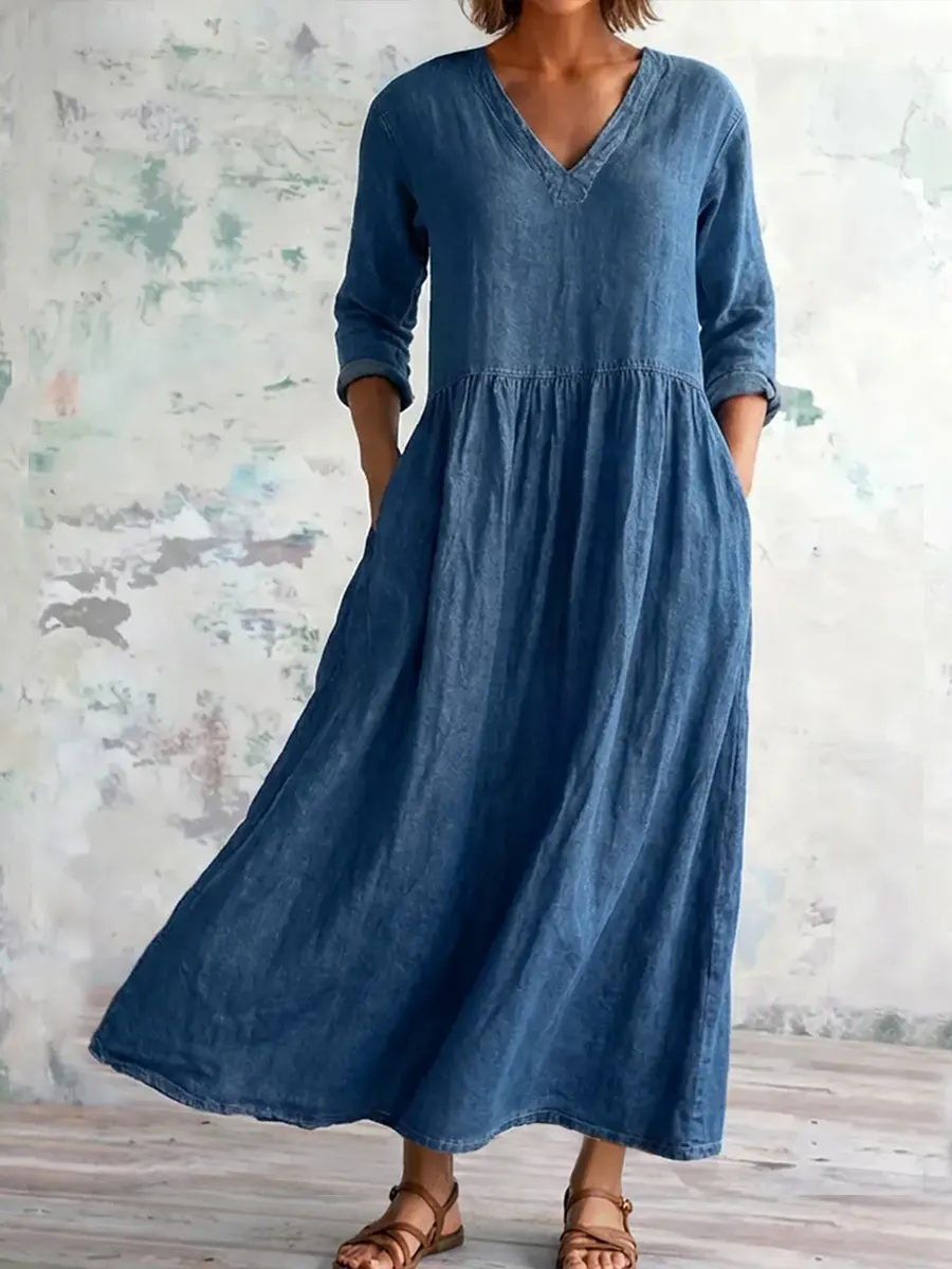 Lässiges Damen-Denim-Baumwollkleid mit V-Ausschnitt