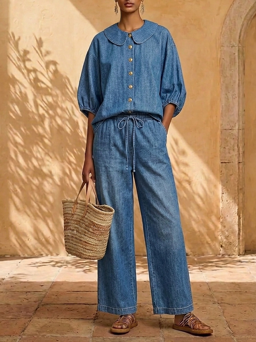 New Arrivals🔥 Stylish Peter Pan Collar Shirt and Wide-leg Pant Denim Two-piece Set