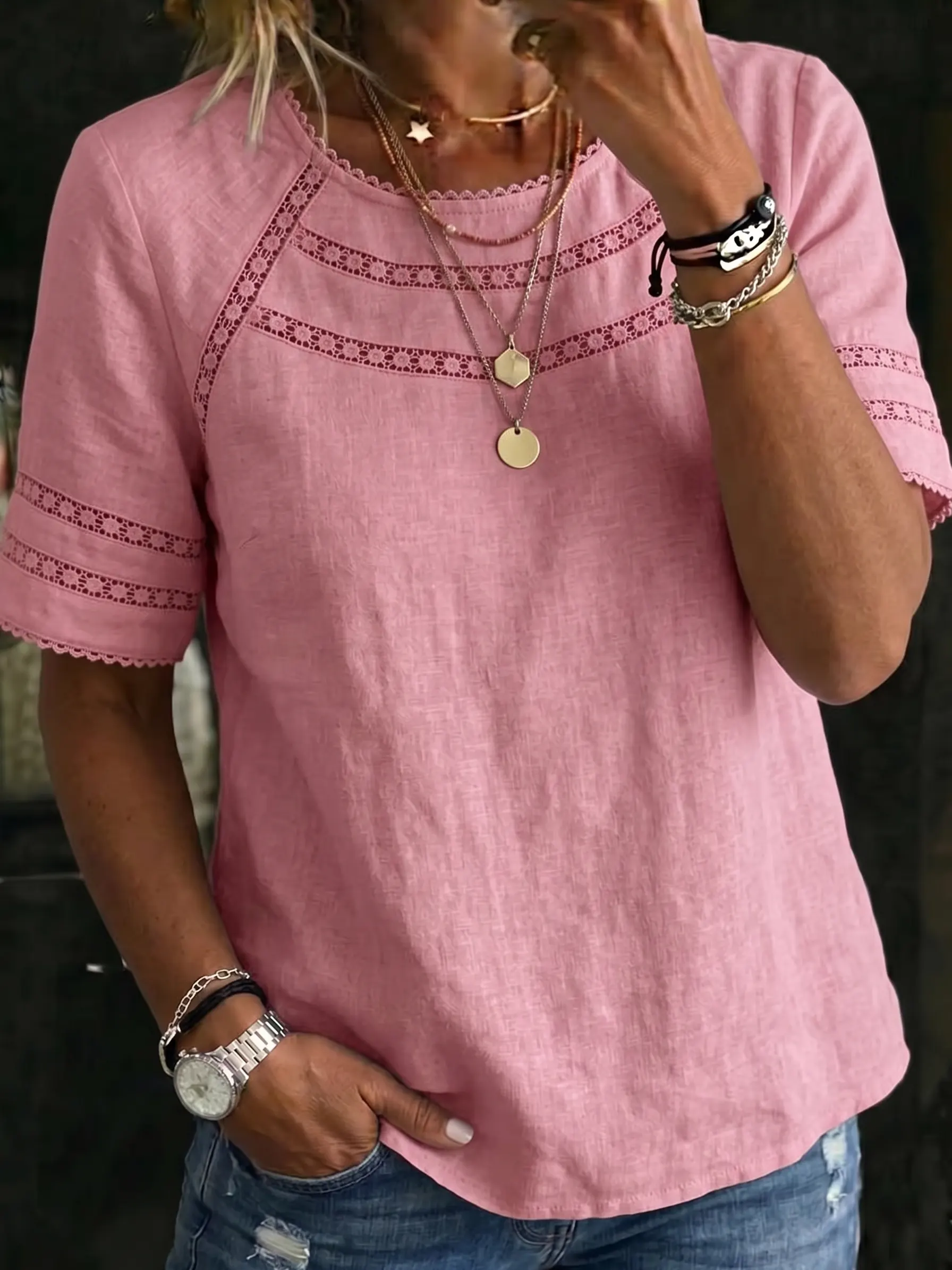 Women's Fashion Casual Lace-trimmed Crew-neck Short-sleeve Top