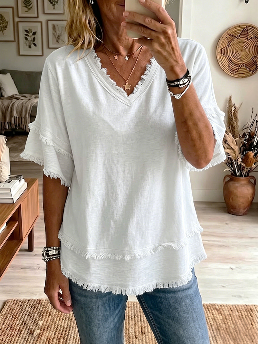 Vintage Frayed V-Neck Linen Top