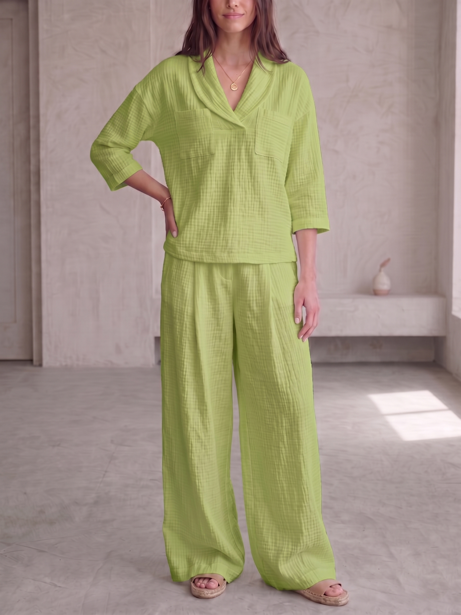 Clearance Sale🔥 Women's Peter Pan Collar V-Neck 3/4-Sleeve Cotton-Linen Two-Piece Set