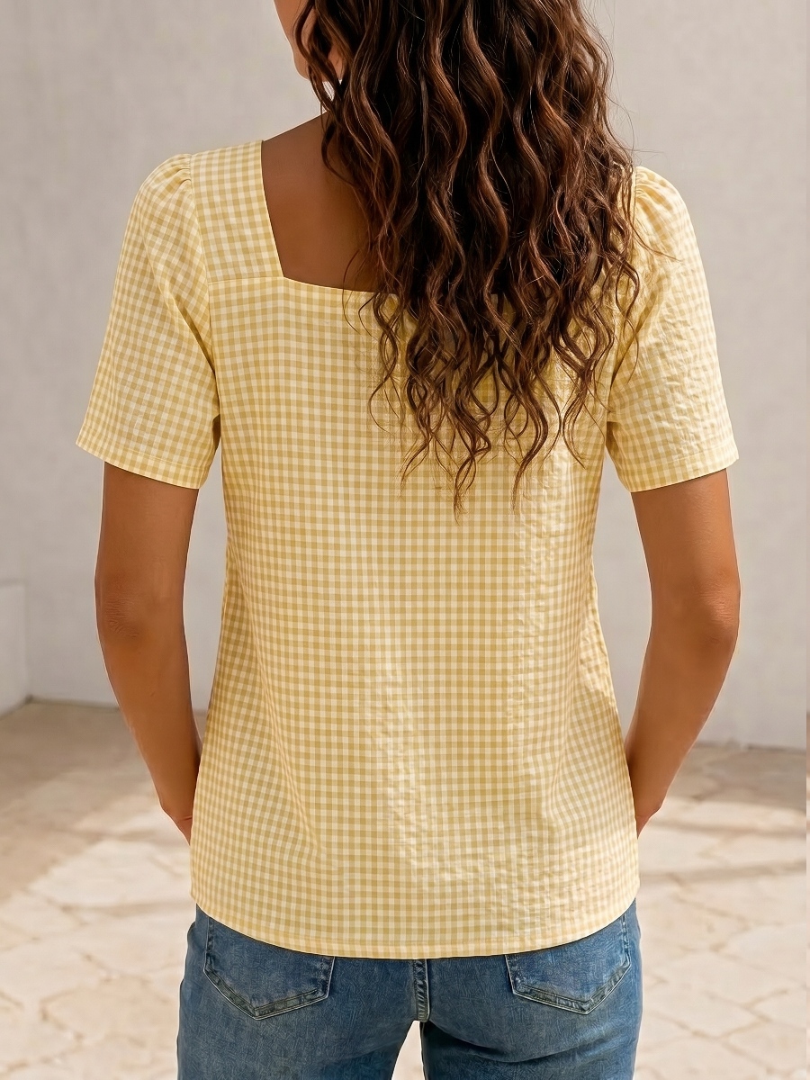 NEW ARRIVALS🔥  Women's Square Neck Gingham Bow Shirt - Puff Sleeve Casual Blouse