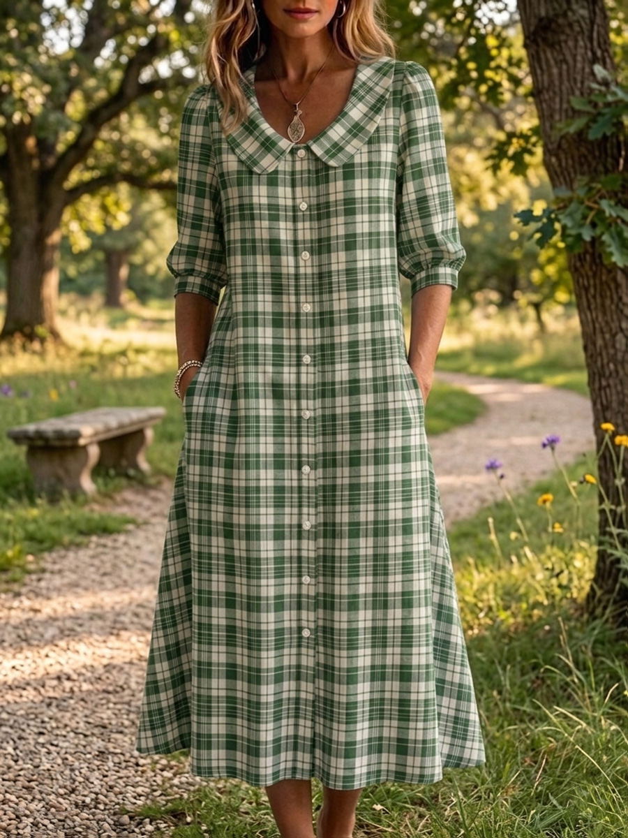 Abverkaufsaktion🔥 Damen Retro Peter Pan Kragen Streifen Druck Baumwoll-Leinen Kleid-ZierMode
