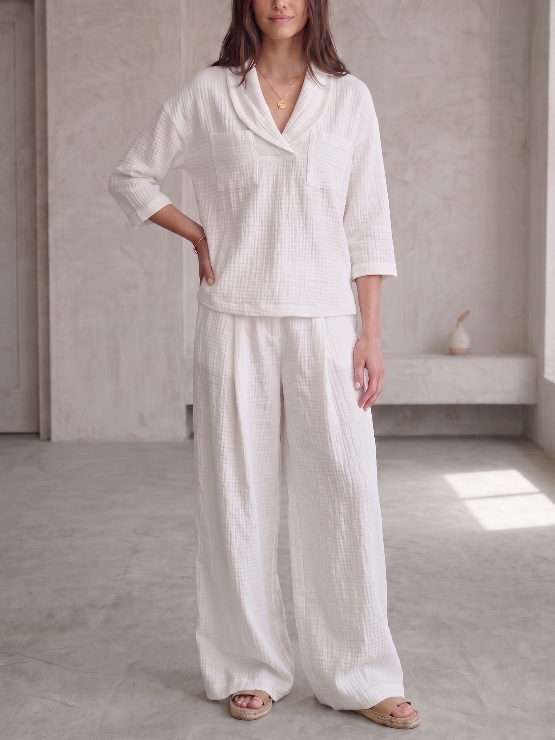 Clearance Sale🔥 Women's Peter Pan Collar V-Neck 3/4-Sleeve Cotton-Linen Two-Piece Set
