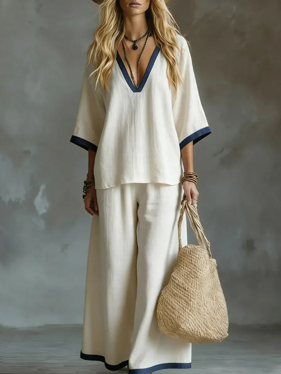 Women's Solid-color V-neck 1/2 Sleeve Cotton-linen Top And Pants Set