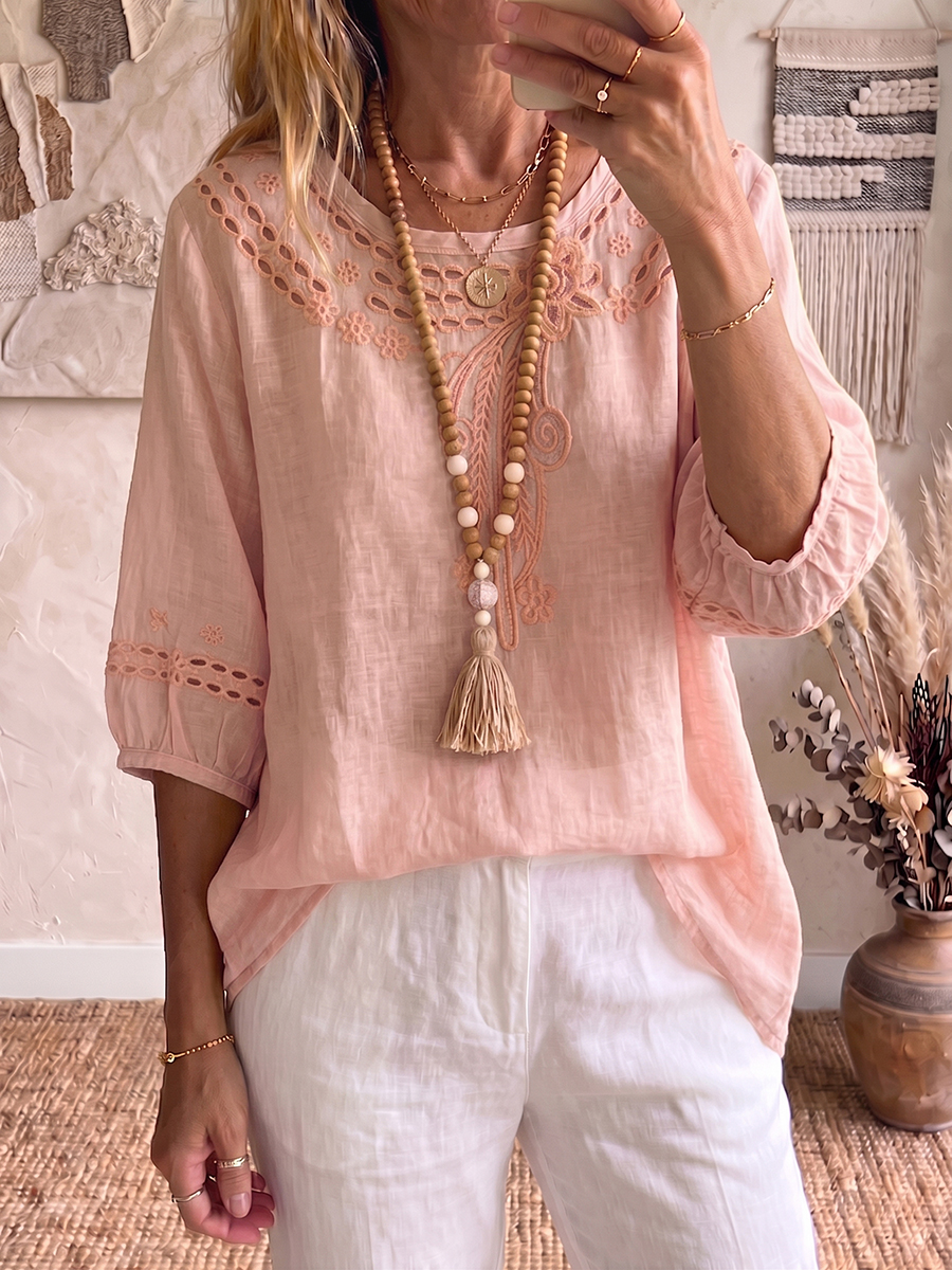 Vintage Embroidered Cotton-linen Blouse