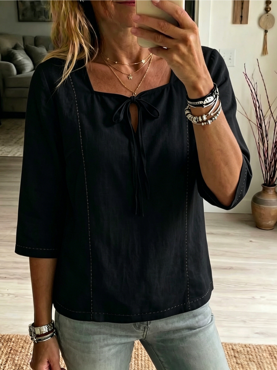 New Arrivals🔥Women's Square-neck Ties Half-sleeve Cotton Shirt