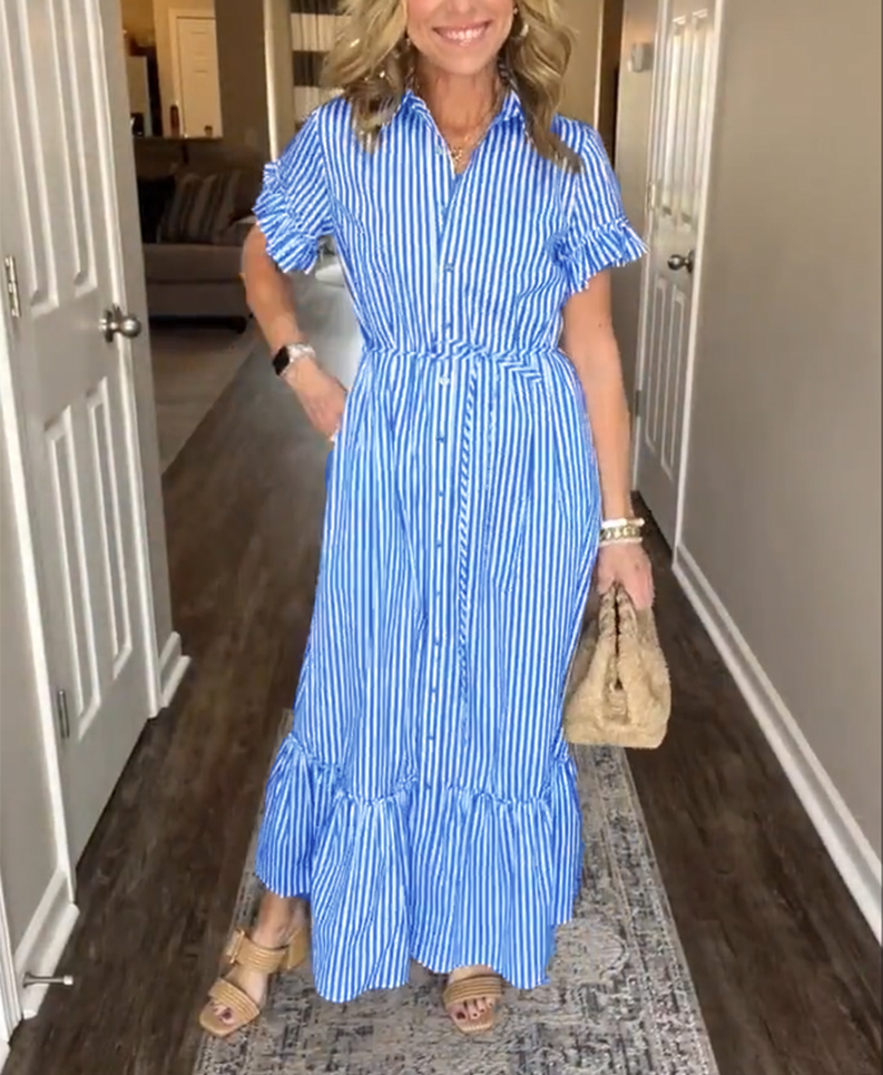 NEW🔥Striped Cotton Lapel Button Shirt Dress