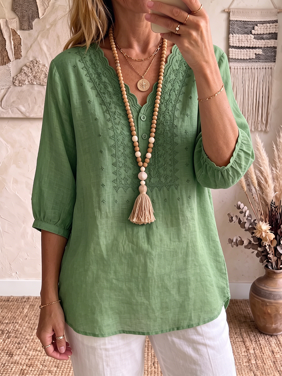 Retro Wavy V-neck Embroidered Cotton-linen Blouse