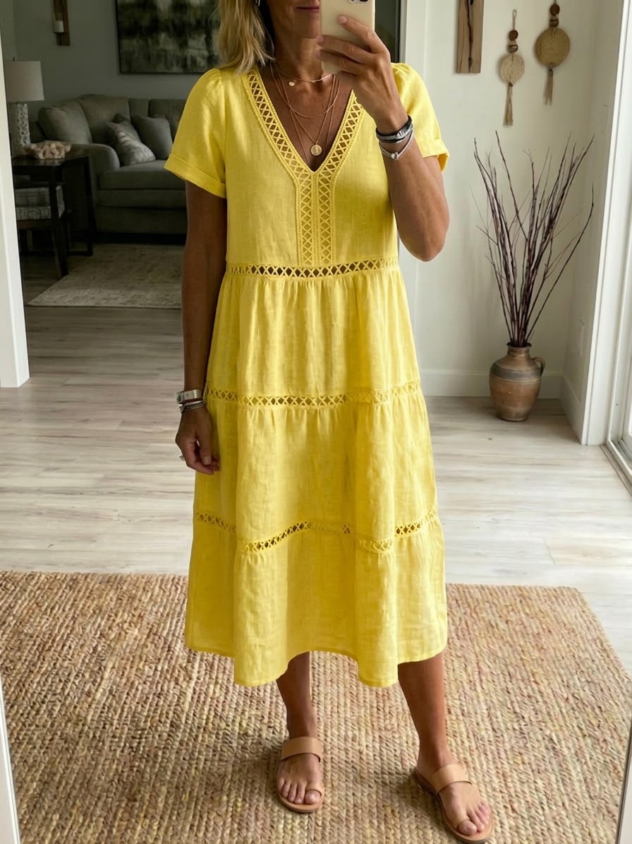 Lässiges Patchwork-Kleid aus Leinen und Baumwolle mit durchbrochenem Bandmuster