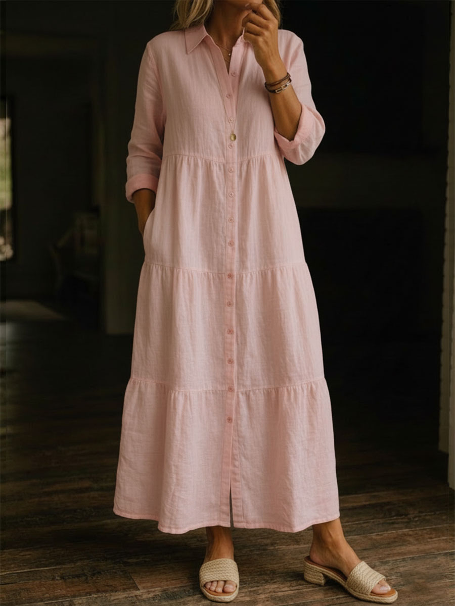 Damen-Freizeitkleid aus Baumwoll-Leinen-Mischgewebe, einfarbig, lang