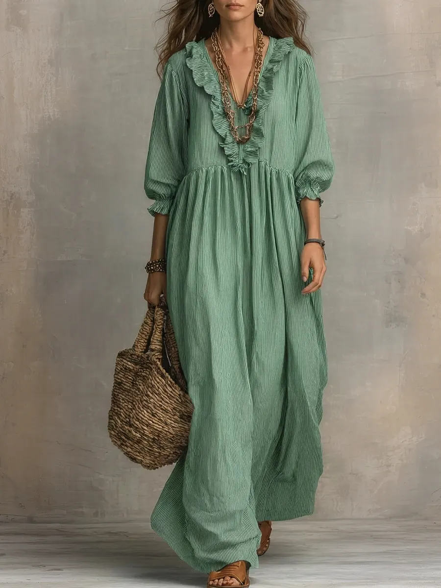Women's Striped Art Print Casual Stylish Ruffled Vacation Maxi Dress-ZierMode