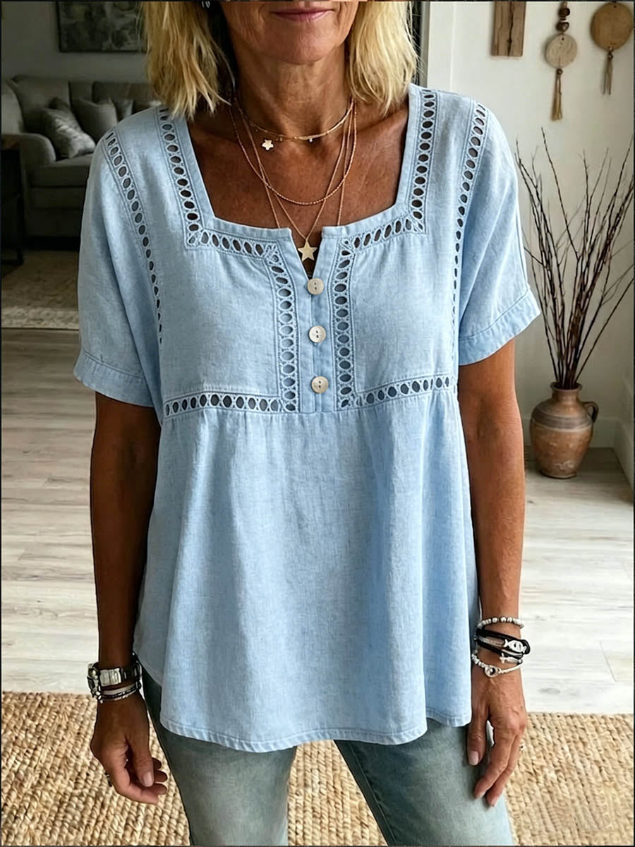New Arrivals🔥 Women's Solid-color Square-neck Short-sleeve Casual Loose Cotton-linen Top