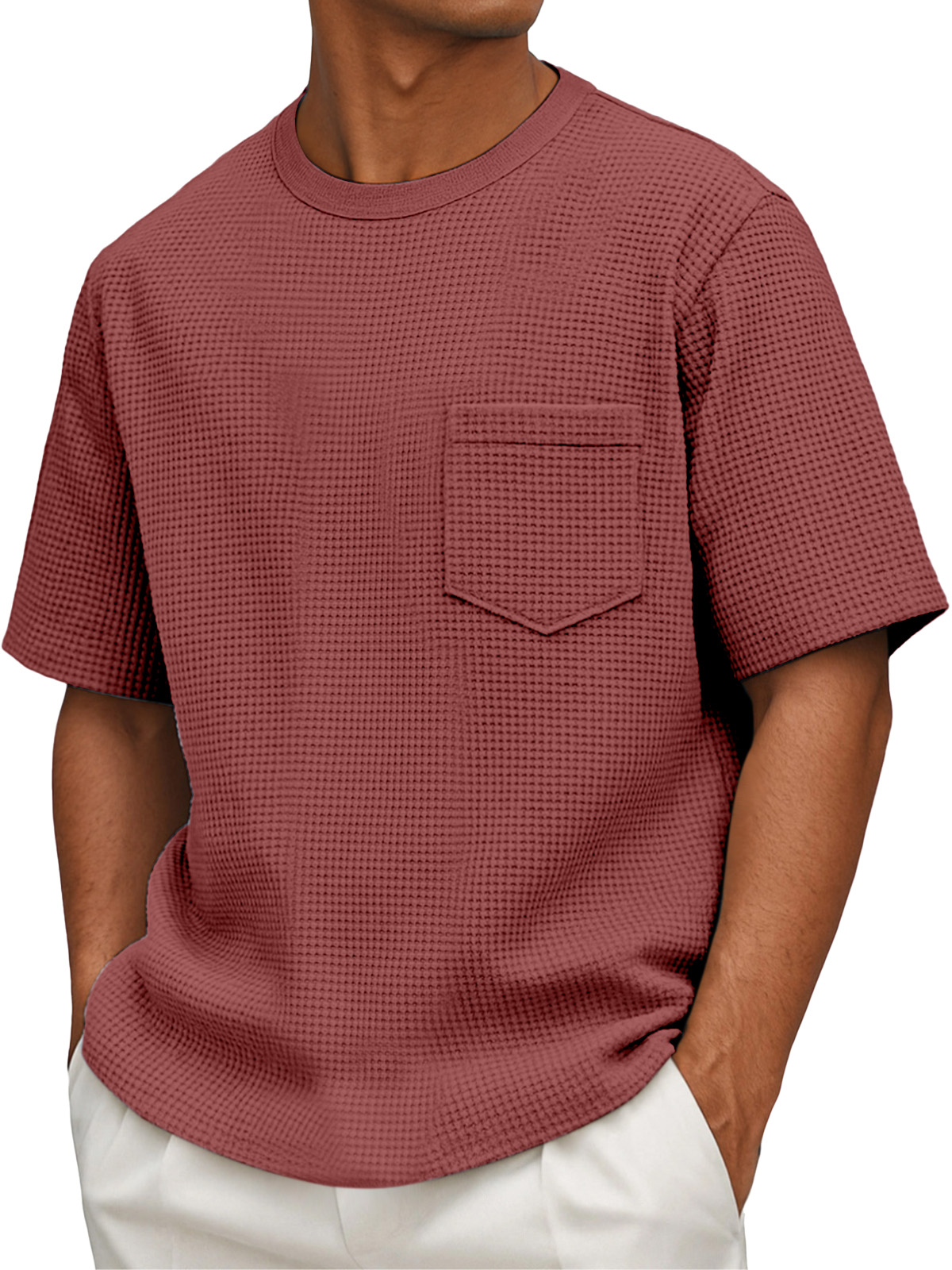 Herren Freizeit Einfach Waffel Kurzarm Rundhals T-Shirt-deurabatt