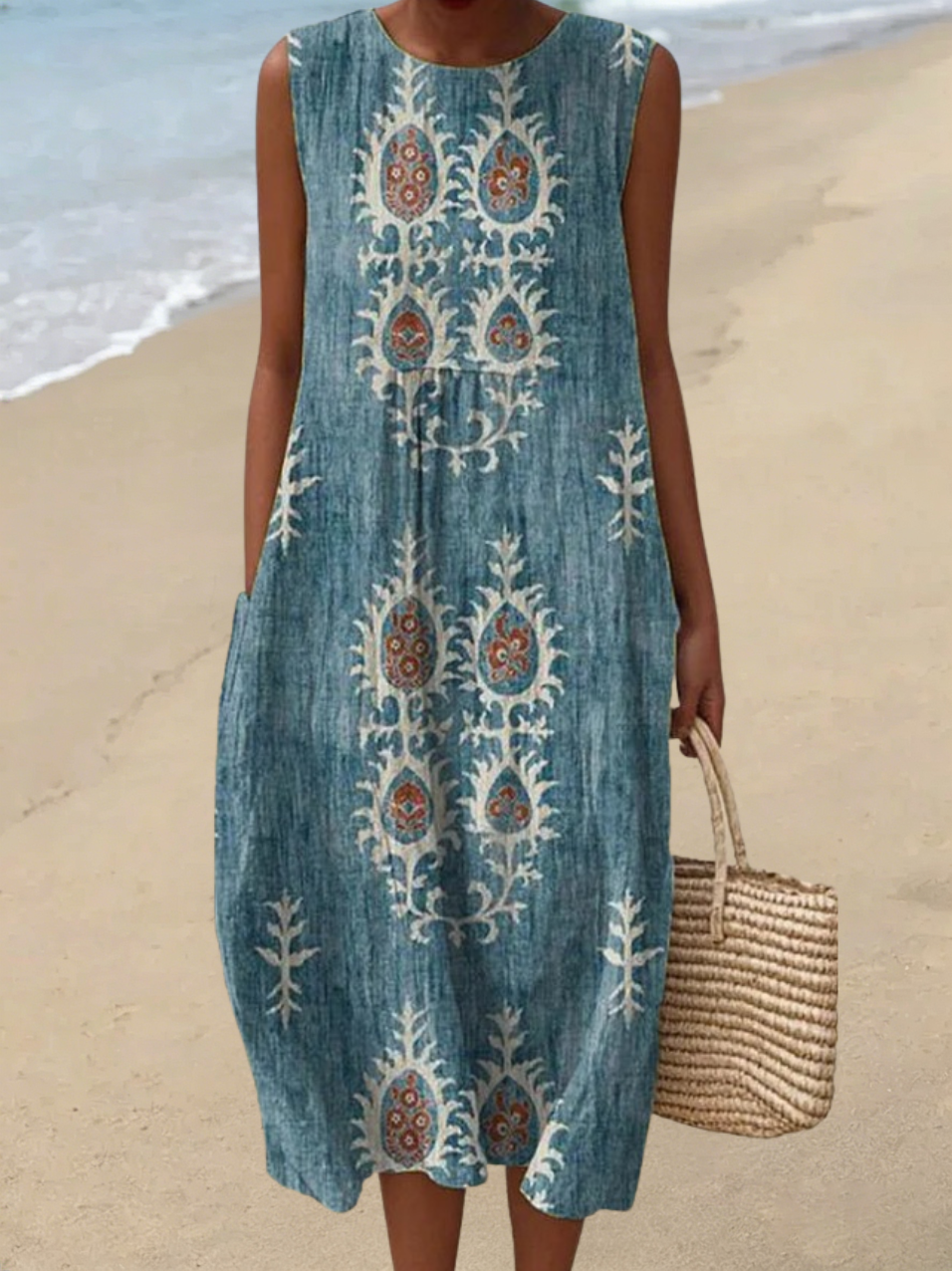 Ärmelloses Damen-Freizeitkleid aus Baumwolle mit Print